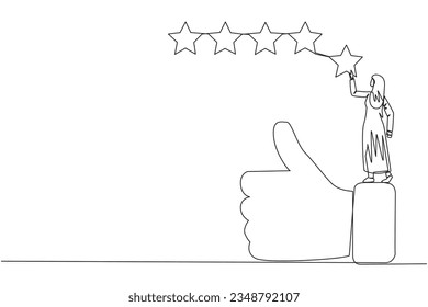 Single one line drawing young happy Arabian woman standing on thumbs up wants to attach the stars to form 5 stars in a row. Give review or good feedback. Continuous line design graphic illustration