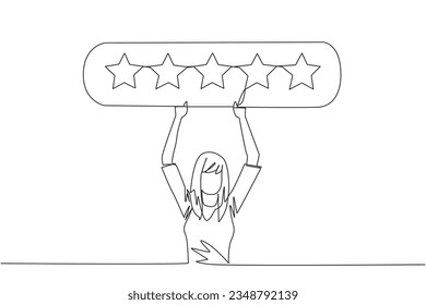 Single one line drawing young happy woman holding rating board which contains 5 stars. Star rating. Positive review. Online shopping with give 5 rating. Continuous line design graphic illustration