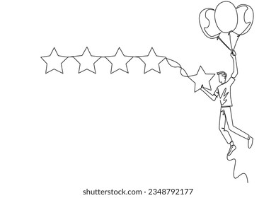 Single one line drawing young happy man flying in a balloon carries 1 star and wants to align it with the other 4 stars. Trying to give a perfect rating. Continuous line design graphic illustration