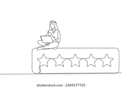 Single one line drawing young happy Arabian man sitting on rating board typing laptop computer. Give 5 stars and a very satisfying review. Online shopping. Continuous line design graphic illustration