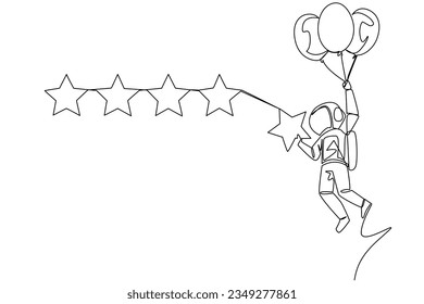 Single one line drawing young astronaut flying with balloon carry 1 star and want to align it with the other 4 stars. Trying to give perfect rating. Cosmic. Continuous line design graphic illustration