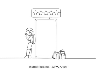 Single one line drawing young happy astronaut leaning on giant smartphone while typing on smartphone. Concept of online shop. Review five gold star. Cosmic. Continuous line design graphic illustration