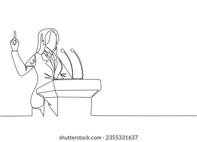 Single one line drawing young energetic businesswoman speaking at the podium while lifting index finger up. She made a favorable statement for the company. Continuous line design graphic illustration