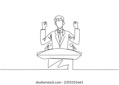 Einzelne Linie, die junge, tatkräftige Geschäftsleute, die am Podium sprechen, beim Heben und Kleben beider Hände zeichnet. Styled wie ein Politiker, der nach Stimmen sucht. Grafische Abbildung des Liniendesigns