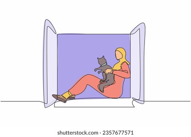 Eine einzige Linie, die junge Arabianerin zeichnet, die auf Fensterbrett sitzt und Katze hält. Fröhliches Mädchen mit ihrem Haustier, urbaner Lebensstil. Ruhen während der Pandemie. Grafische Vektorgrafik für kontinuierliche Linien