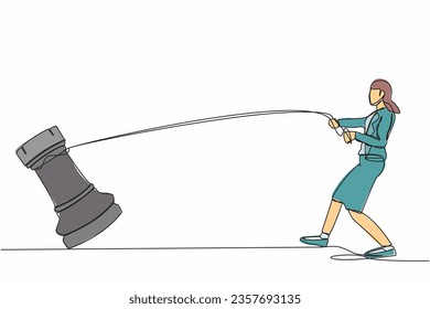 Single one line drawing young businesswoman pulling big rook chess with rope. Business achievement goal, idea, strategy, competitive, strategic concept. Continuous line draw design vector illustration
