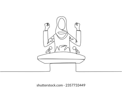 Single one line drawing young Arabian businesswoman speaking at the podium while raising and clenching both hands. Styled like a politician seeking votes. Continuous line design graphic illustration