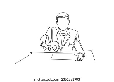 Single one line drawing young businessman make handshake gesture to his colleague at office. Business meeting concept. Successful worker. Modern continuous line draw design graphic vector illustration