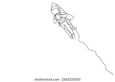 Einzelne Linie, die den jungen Astronauten mit Rakete fliegt. Möchten Sie das Geschäft zum Mond mitnehmen? Erfolgreicher Unternehmer. Der große energische Astronaut. Grafische Abbildung des Liniendesigns