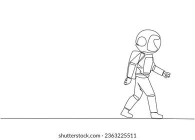 Single one line drawing young astronaut walking to canteen to break and lunch. Taking time for a while to hone ideas back into brilliant ideas. Success. Continuous line design graphic illustration