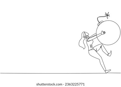 Single one line drawing young businesswoman carrying bomb with a burning fuse. The concept of keeping danger away from the business environment to survive. Continuous line design graphic illustration