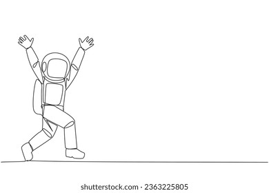 Single one line drawing young astronaut running to celebrate the success of business. Like a football player who scores goal, he doing celebrates. Success. Continuous line design graphic illustration