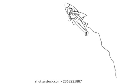 Single one line drawing young businesswoman flying with rocket. Desire to take the business to the skies. Successful entrepreneur. The great businesswoman. Continuous line design graphic illustration