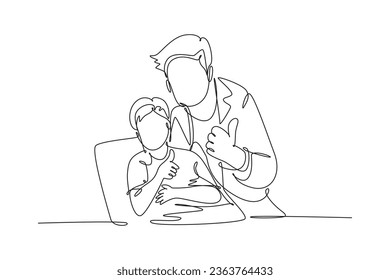 Single one line drawing of young dentist man calming down his little boy patient and giving thumbs up gesture. Teeth health care concept. Modern continuous line draw design graphic vector illustration