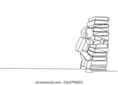 Single one line drawing young astronaut hugging very high pile of books. Hobby to collecting and reading books. Filling free time with useful things. Read. Continuous line design graphic illustration
