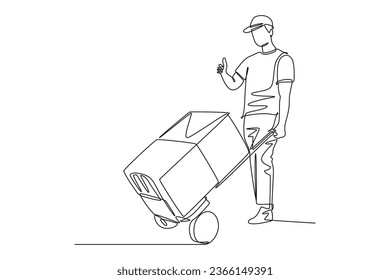 Single one line drawing young delivery man gives thumbs up gesture while carrying carton box package with trolley to customer. Delivery service. Continuous line draw design graphic vector illustration