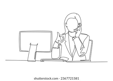 Single one line drawing young female call center worker sitting in front of computer, answering phone from customer. Customer service business. Continuous line draw design graphic vector illustration