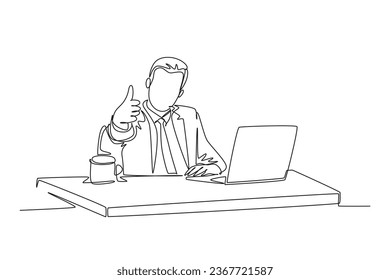 Single one line drawing young businessman sitting on chair in front of laptop and giving thumbs up gesture. Success business manager concept. Modern continuous line design graphic vector illustration