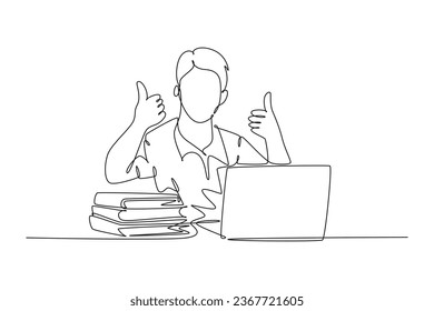 Single one line drawing young happy male college student study in the campus library beside stack of books and laptop. Education concept. Modern continuous line draw design graphic vector illustration
