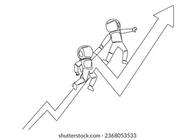 Single one line drawing young astronaut helps colleague to climbs big rising arrow symbol. Help each other to achieve satisfactory targets. Grow together. Continuous line design graphic illustration