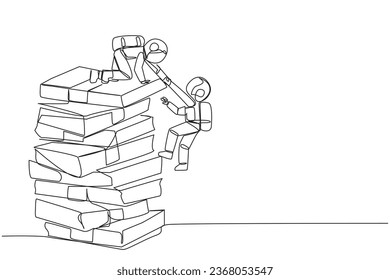 Single one line drawing young astronaut helping colleague climb a large pile of banknotes. Contagious success. Share tips for success. Teamwork bonus. Continuous line design graphic illustration