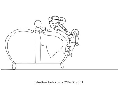Dibujar una sola línea al joven astronauta ayuda a la pareja a escalar la gran corona. Crecer juntos, el éxito juntos. Lograr el éxito deseado. Victoria. Prestige. Ilustración gráfica de diseño de línea continua