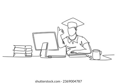 Single one line drawing young happy male college student studying in front of computer and gives thumbs up gesture. Graduate student concept. Modern continuous line design graphic vector illustration