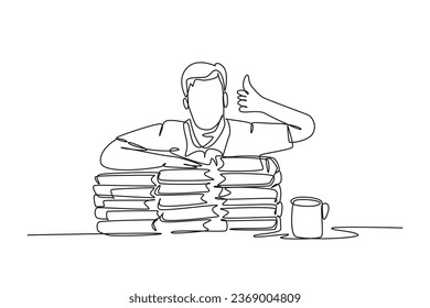 Single one line drawing young happy male student giving thumbs up gesture on pile of books and give thumbs up gesture. Education concept. Modern continuous line draw design graphic vector illustration