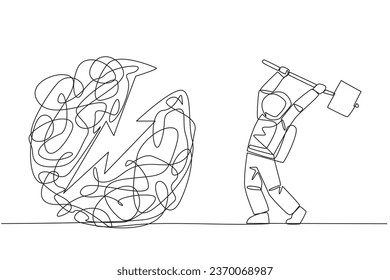 Single one line drawing young astronaut preparing to hit big mess circle. Eliminate stress and anxiety. Focus on developing business. Achieve big profits. Continuous line design graphic illustration