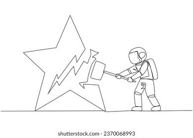 Una sola línea dibujando a un joven astronauta preparándose para golpear a la gran estrella. El destructor del sueño. No se pudo obtener el mejor puesto profesional. La ira desbordó. Ilustración gráfica de diseño de línea continua