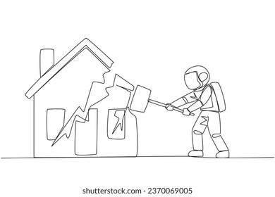 Single one line drawing young astronaut preparing to hit the miniature house. Metaphor of house as collateral for payment. Fails. Home is gone. Bankrupt. Continuous line design graphic illustration
