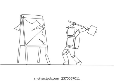 Una sola línea dibujando a un joven astronauta preparándose para dar en la gran vuelta. Rampa. Destruir los informes de negocios que no sean lo que se desee. La ira explotó. Ilustración gráfica de diseño de línea continua