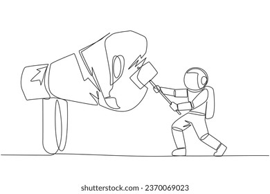 Single one line drawing young astronaut preparing to hit the big megaphone. Destroy of hoax information that damage business stability. Destroy slander. Continuous line design graphic illustration