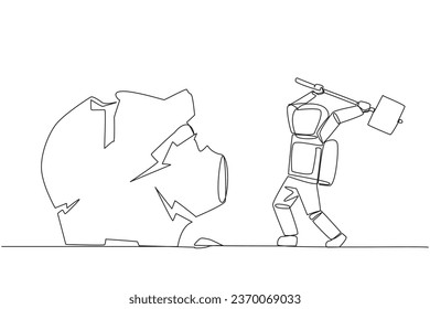 Single one line drawing young astronaut preparing to hit the big piggy bank. Running out of capital. Unprofitable business. Trying new luck. Rise again. Continuous line design graphic illustration