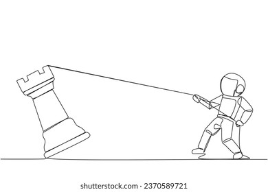 Single one line drawing young energetic astronaut pulling big rook chess with rope. Business achievement goal, strategy, competitive, strategic concept. Continuous line design graphic illustration