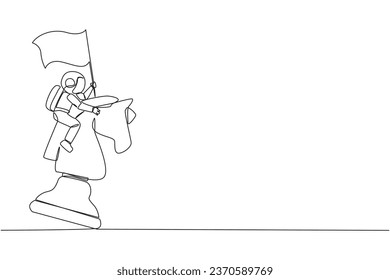 Single one line drawing young energetic astronaut riding big chess horse knight and holding flag, strategy, competitive, strategic move in business concept. Continuous line design graphic illustration