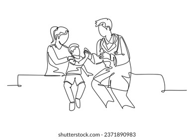 Single one line drawing young happy male doctor checking up sick patient boy, giving high five gesture. Medical healthcare at hospital concept. Continuous line draw design graphic vector illustration