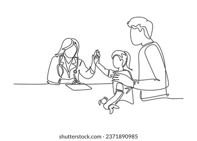 Single one line drawing young happy female doctor checking up sick patient girl and giving high five gesture. Medical healthcare concept. Modern continuous line draw design graphic vector illustration