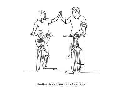 Single one line drawing young happy couple riding bicycle romantically holding hands together at outdoor park. Love relationship concept. Modern continuous line draw design graphic vector illustration
