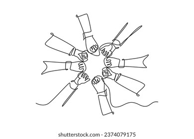 Single one line drawing of young happy people fist and join their hands together and create circle shape. Business team building concept. Modern continuous line draw design graphic vector illustration