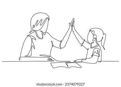 Single one line drawing young happy mother accompany her daughter study studying and reading book while giving high five gesture. Parenting concept. Continuous line design graphic vector illustration