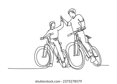 Una sola línea dibujando a una joven pareja feliz hombre y mujer con bicicleta juntos y dando un gran gesto de cinco. Concepto de relación romántica. Ilustración vectorial de diseño de línea continua moderna