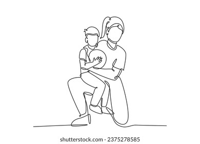 Single one line drawing of young happy mother hugging her child that carried a basket ball on basketball court. Parenting family concept. Modern continuous line draw design graphic vector illustration