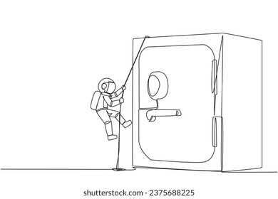 Single one line drawing young astronaut climbing safe deposit box with the rope. Helps secure important company data. Stored in a safe and trusted place. Continuous line design graphic illustration