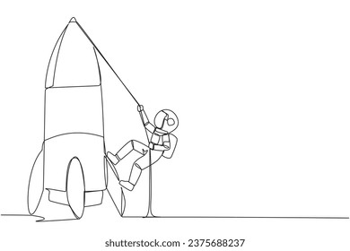 Single one line drawing young astronaut climbs rocket with rope. Set the intention to open a new branch. Work hard to expand the business. Smart hard work. Continuous line design graphic illustration
