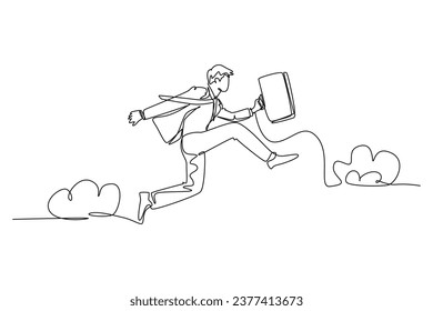 Single one line drawing of young happy and energetic business man carrying a briefcase jumping over the cloud. Business agility concept. Modern continuous line draw design graphic vector illustration