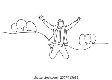 Single one line drawing young happy and energetic business man stretch out his hands into the air and jumping over cloud. Business celebration. Continuous line draw design graphic vector illustration