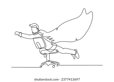 Single one line drawing young happy business man spreading a wing and pretend as super hero who flying using an office chair. Business success. Continuous line draw design graphic vector illustration