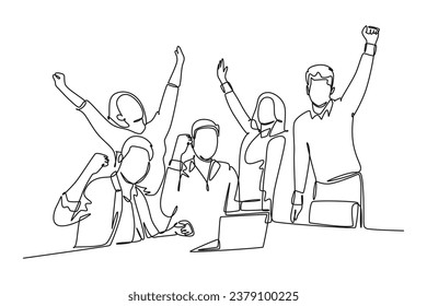 Single one line drawing young happy business man and business woman celebrating their success achieve business target. Team work goal concept. Continuous line draw design graphic vector illustration