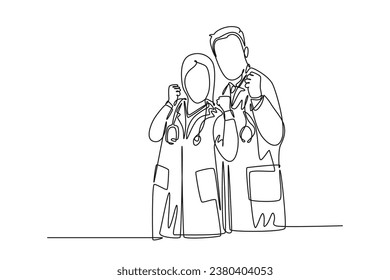Single one line drawing of young happy male doctor hugging female doctor to celebrate their successive work. Medical health care service. Modern continuous line draw design graphic vector illustration